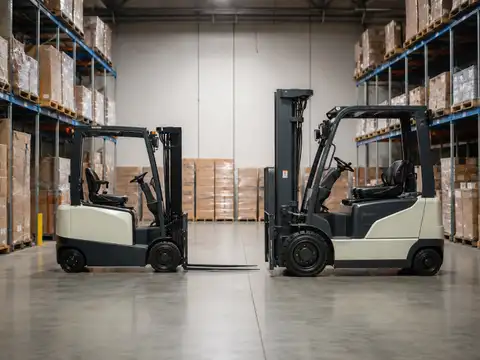 Three-wheel and four-wheel electric forklifts compared side by side inside a warehouse
