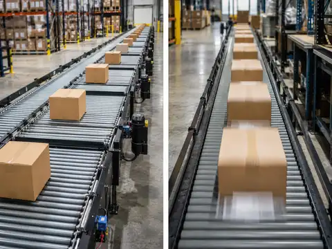 Accumulation conveyor compared with a standard powered conveyor moving warehouse cartons