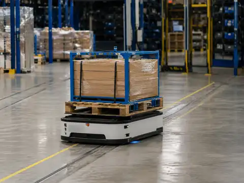 Automated guided vehicle transporting a pallet along a defined warehouse route