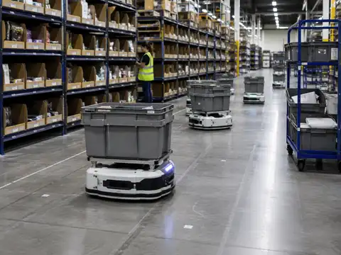 Autonomous mobile robots transporting storage totes through a warehouse picking area