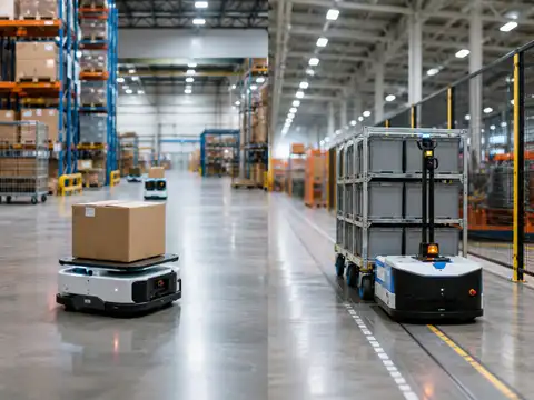 Autonomous mobile robot compared with an automated guided vehicle inside a warehouse