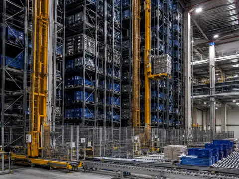 High-bay automated storage and retrieval system operating inside a distribution center
