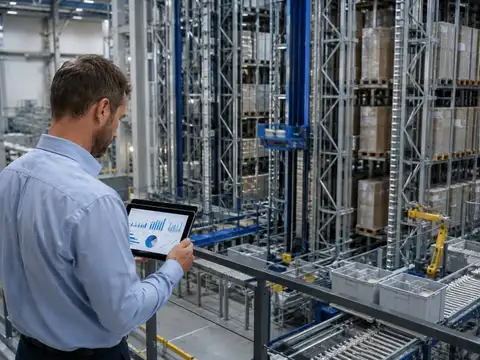 Warehouse manager reviewing performance data overlooking an automated storage and retrieval system