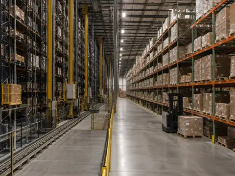 Automated storage and retrieval system compared with conventional pallet racking inside a warehouse