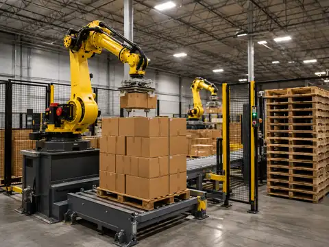 Industrial robotic palletizing system stacking cartons onto pallets inside a warehouse