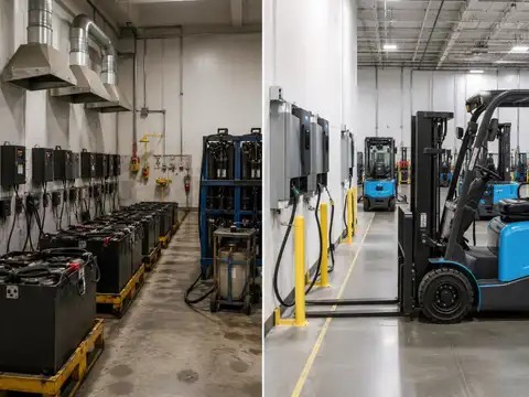 Traditional forklift battery room compared with a modern lithium-ion forklift charging area