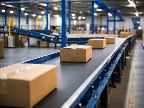 Powered belt conveyor transporting cartons through an industrial warehouse