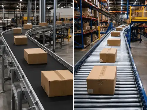 Belt conveyor compared with roller conveyor systems transporting cartons inside a warehouse