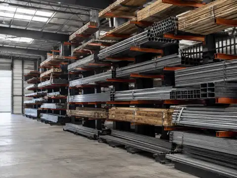 Cantilever warehouse racking storing long steel tubes and timber