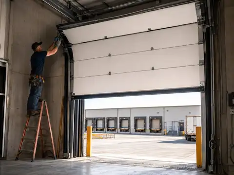 Technician replacing a large commercial loading dock overhead door