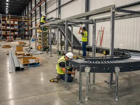 Technicians installing an industrial warehouse conveyor system