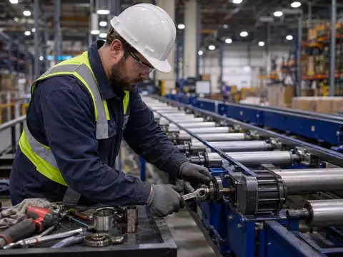 Maintenance technician servicing motors and rollers on a warehouse conveyor system