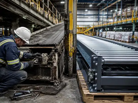 Damaged industrial conveyor being repaired beside a newer replacement conveyor section