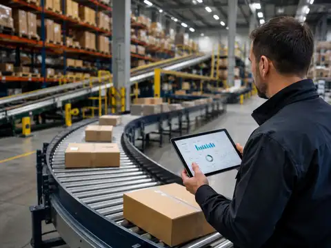 Warehouse manager reviewing conveyor performance and return on investment data beside an operating system
