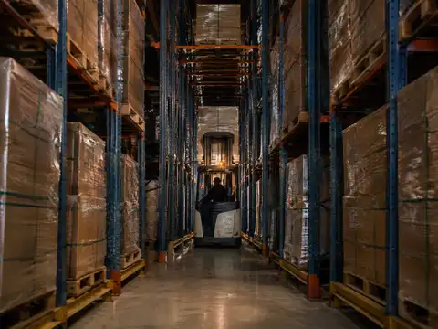 Forklift operating inside a deep drive-in pallet racking lane