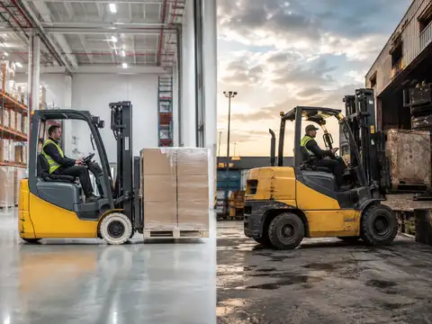 Electric warehouse forklift compared with a diesel forklift operating outdoors