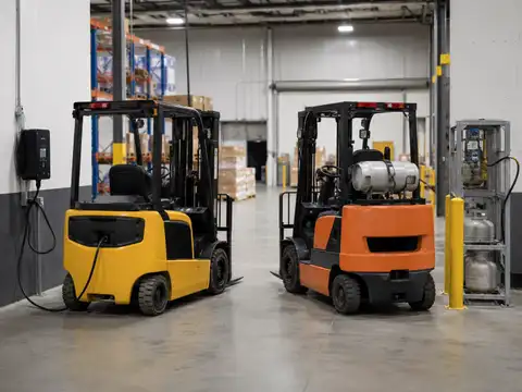 Electric forklift and propane forklift shown side by side inside a warehouse