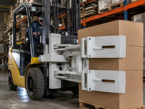 Forklift using a specialized load handling attachment on palletized cartons