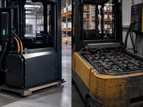Industrial forklift connected to a dedicated warehouse battery charging unit