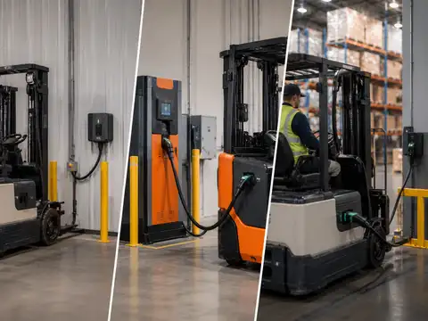 Electric forklifts using conventional, fast and opportunity charging stations inside a warehouse