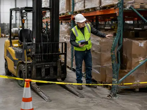 Safety inspector examining pallet racking damaged after a forklift impact in a warehouse