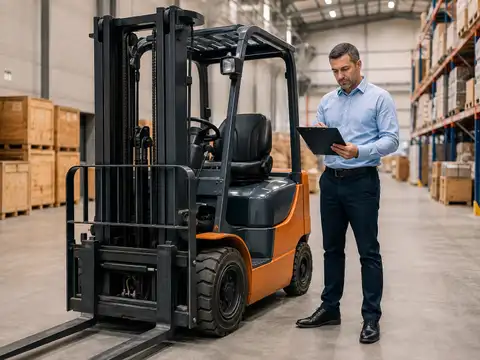 Warehouse manager evaluating a forklift for a lease-versus-purchase decision
