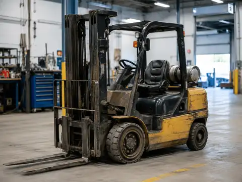 Used forklift showing normal wear inside a maintenance facility, illustrating forklift lifespan and replacement timing