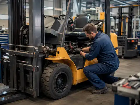 Forklift technician performing scheduled maintenance on industrial equipment