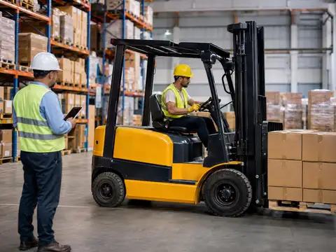 Forklift operator working while a warehouse supervisor monitors equipment utilization