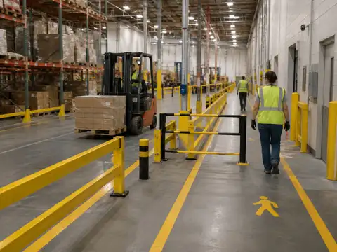 Warehouse pedestrian walkway physically separated from forklift traffic by industrial safety barriers