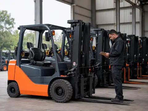 Forklift rental fleet being inspected at an industrial equipment facility