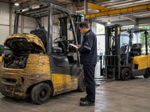 Technician assessing a heavily used forklift before deciding whether to repair or replace it
