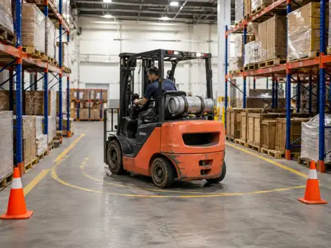 Forklift maneuvering through a marked turning area between warehouse pallet racks