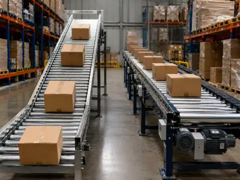 Gravity roller conveyor compared with a powered roller conveyor carrying cartons in a warehouse