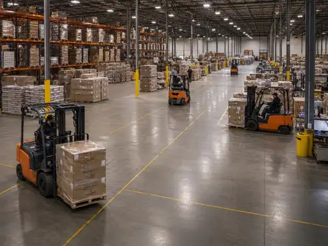 Multiple forklifts operating across a large warehouse floor, illustrating forklift fleet sizing