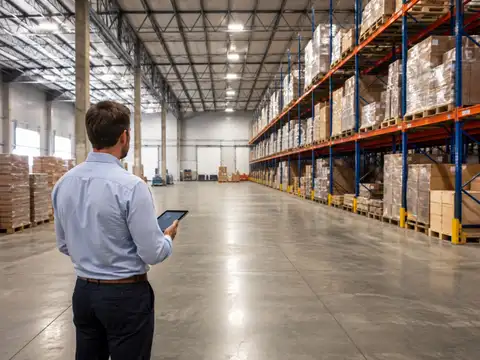 Warehouse manager evaluating open floor area and pallet storage to estimate required warehouse space