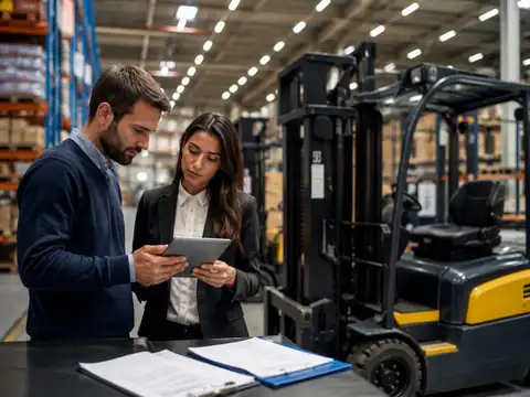 Warehouse managers evaluating equipment ownership and leasing options beside industrial forklifts