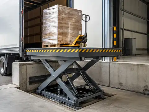 Hydraulic loading dock lift raising a pallet between ground and dock height