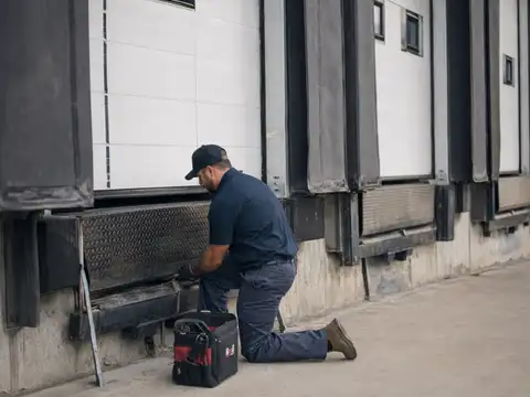 Maintenance technician servicing loading dock equipment at a warehouse