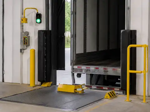 Warehouse loading dock equipped with trailer restraint, dock barrier and visual safety communication systems