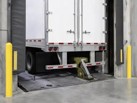 Trailer secured at a warehouse loading dock by a mechanical vehicle restraint system