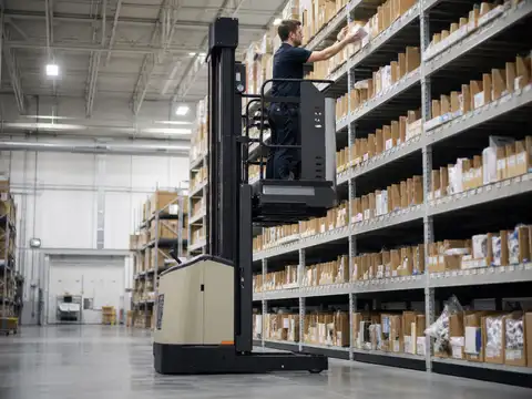 Warehouse order picker operating an elevated order-picking forklift