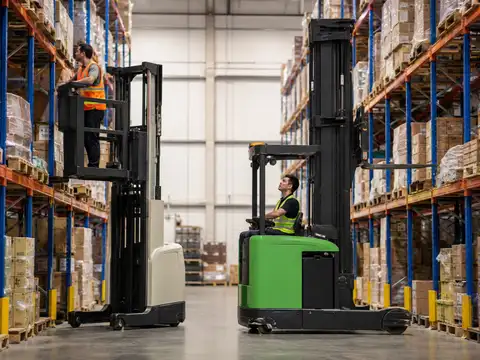 Order picker and reach truck compared inside a high-bay warehouse