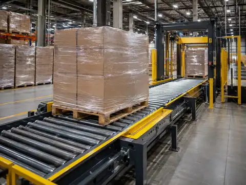 Heavy duty pallet conveyor transporting a fully loaded pallet