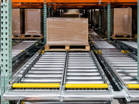 Pallet flow racking with gravity roller lanes for FIFO storage