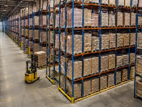 High-density pallet racking filled with inventory, illustrating pallet positions per square foot