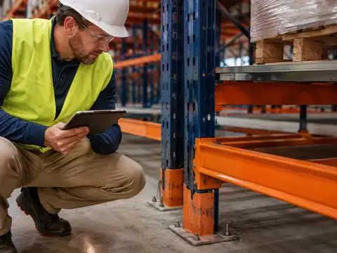 Warehouse safety inspector examining pallet rack uprights, beams and anchors