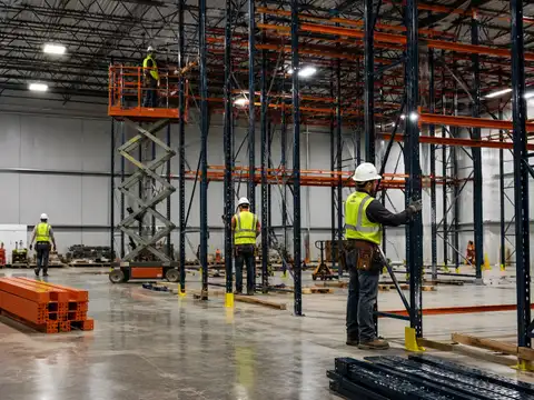 Warehouse technicians installing pallet rack uprights and beams