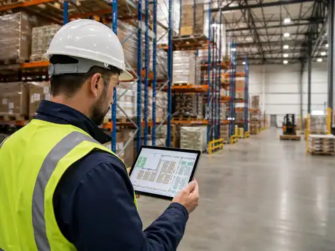Warehouse planner reviewing a pallet rack layout while standing inside the storage area