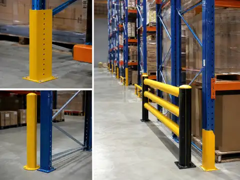 Rack guards, bollards and end-of-aisle protection installed in a warehouse